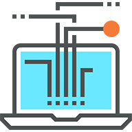 An icon illustration depicting a laptop with data flowing in and out.